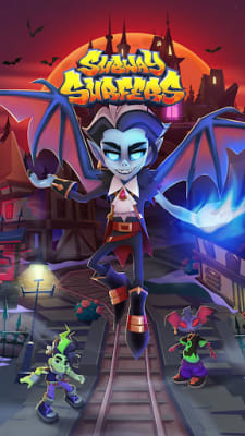 Arte da temporada da Transilvânia do Subway Surfers 3.70.3 com o Mega Personagem vampiro Conde Corvin diante de um castelo