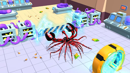 Lab room with alien offspring in caged tanks while the alien drags prey past a yellow portal – Alien Invasion 4.52.00