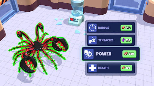 Nest upgrade panel for Radius, Tentacles, Power and Health next to the glowing alien – the upgrades the unlimited money MOD covers