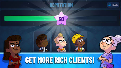 Reputation level 50 star above a row of client portraits – Get more rich clients! in Idle Bank Tycoon