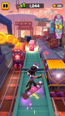 Hoverboard ride through The Docks past cranes and shipping containers at a 1,244 score in Subway Surfers City 2.6.2