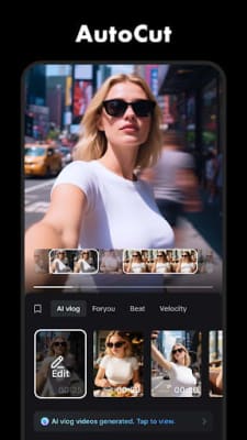 CapCut AutoCut screen picking an AI vlog style from clips of a woman in sunglasses in a city street