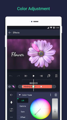 Alight Motion Color Adjustment – Color Tune panel with a colour wheel over a purple flower