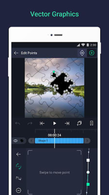 Alight Motion Vector Graphics – Edit Points screen drawing a puzzle-piece shape over a lake photo in build 5.0.273