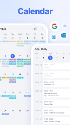 Tampilan Kalender TickTick dengan grid bulan, ikon kalender Google dan Outlook, serta timeline tugas hari itu – salah satu tampilan Premium yang dibuka MOD