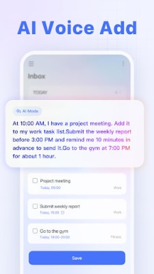 AI Voice Add TickTick mengubah kalimat lisan menjadi rapat proyek, pengingat laporan mingguan, dan tugas ke gym