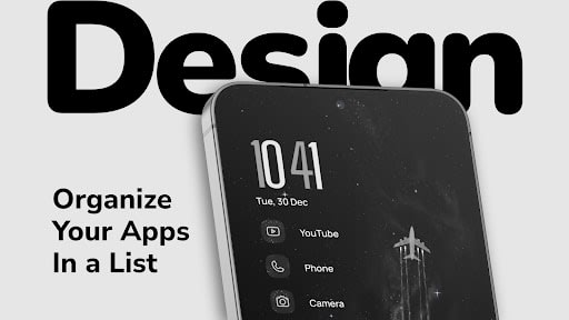 Niagara Launcher monochrome Design theme organising YouTube, Phone and Camera in a vertical list under a large clock