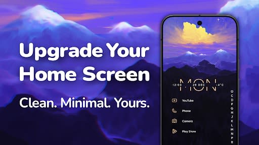 Niagara Launcher home screen with a purple mountain wallpaper, a short favourites list and the wave alphabet – Upgrade your home screen: clean, minimal, yours