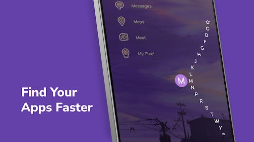 Niagara Launcher wave alphabet along the right edge jumping to apps starting with M – Find your apps faster
