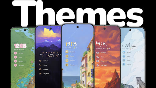 Five Niagara Launcher themes side by side, from a hand-drawn map to a sunset street scene – Themes, the Pro collection the MOD opens