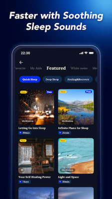 Sleep Monitor 2.9.37 – "Faster with Soothing Sleep Sounds" com sons em destaque, incluindo Letting Go into Sleep, Infinite Piano for Sleep e Your Self-Healing Power