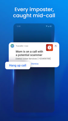 Truecaller mid-call warning that a family member is on a call with a potential scammer, with a Hang up call button