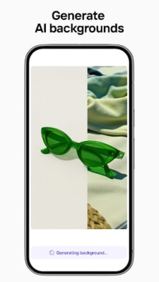 Photoroom 2026.43.04 – layar "Generate AI backgrounds" dengan kacamata hijau di pemandangan kain krem dan bilah progres "Generating background…"