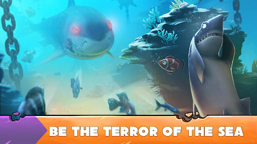 Hungry Shark Evolution 14.6.0 – "Be the terror of the sea": a great white with glowing red eyes charging through a sunken-ship area