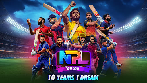 World Cricket Championship 3 3.2.7 – arte da NPL 2025: dez jogadores de críquete com uniformes de franquia vermelhos, amarelos, azuis e roxos erguendo tacos e bolas sob os refletores em volta do logo da NPL, "10 teams 1 dream"