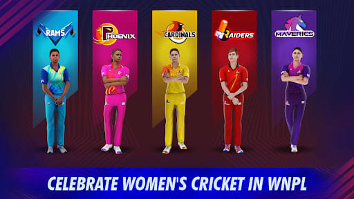 World Cricket Championship 3 3.2.7 – críquete feminino da WNPL: cinco capitãs com uniformes azul das Rams, rosa das Phoenix, amarelo das Cardinals, vermelho das Raiders e roxo das Mavericks em pé sob as bandeiras de seus times