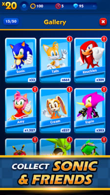 Sonic Dash 10.5.0 – Galeri di 15 dari 50 karakter: kartu Sonic, Tails, Knuckles, Amy, Cream dan Espio dengan jumlah kartunya, 100 ring, 5 Red Star Ring dan 15 gem di bilah atas, berjudul "Collect Sonic & friends"
