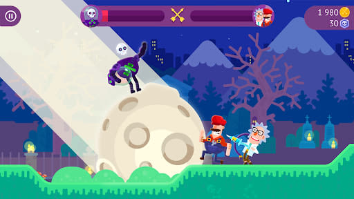Bowmasters 11.7.2 – um esqueleto roxo cavalgando uma lua gigante em queda rumo a um homem bigodudo de boné vermelho e um cientista de cabelo branco num cemitério à noite, 1.980 moedas e 30 gemas