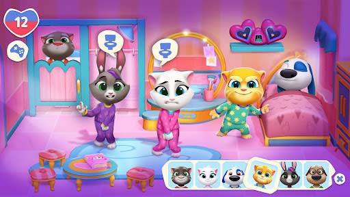My Talking Tom Friends 2 26.5.0.25768 – kamar tidur merah muda saat jam tidur: Becca, Angela, Ginger dan Hank berpiyama dengan balon kata mengantuk, Tom mengintip dari lemari dan pemilih enam teman terbuka di sepanjang bawah layar