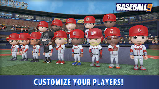 BASEBALL 9 3.9.6 – spanduk "Customize your players!" di atas barisan sebelas pemain bertopi merah huruf C dan berseragam putih dengan wajah, rambut, warna kulit dan bentuk tubuh berbeda