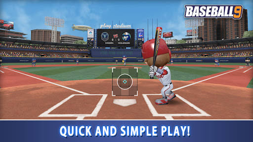 BASEBALL 9 3.9.6 – spanduk "Quick and simple play!" di atas batter berseragam merah yang menunggu di plate di stadion terbuka dengan papan skor di outfield