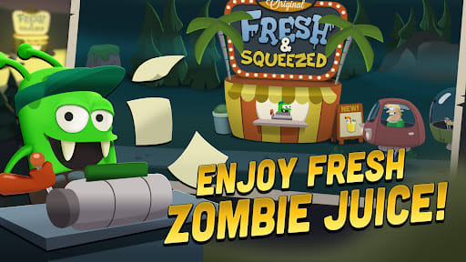 Zombie Catchers 1.69.16 – spanduk "Enjoy fresh zombie juice!": A.J. memeras zombi lewat mesin jus di depan drive-through Fresh & Squeezed sementara pelanggan menunggu di mobil