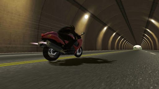 Moto Wheelie 3D 0.122 – motor sport merah dengan semburan api nitro dari knalpot di dalam terowongan berlampu saat drag