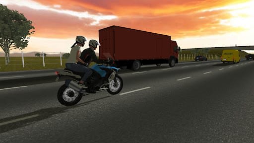 Moto Wheelie 3D 0.122 – berboncengan senja di jalan tol, rider dan penumpang di motor biru merapat di belakang truk kontainer cokelat dengan van kuning jauh di depan