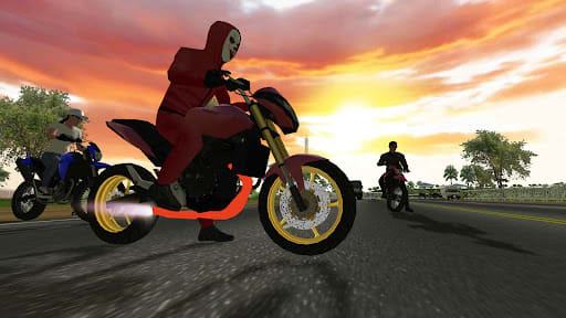 Moto Wheelie 3D 0.122 – rider bertudung dengan topeng putih bergaya Halloween di motor merah bervelg kuning dan api knalpot, dua pengendara lain di belakang di bawah langit senja oranye