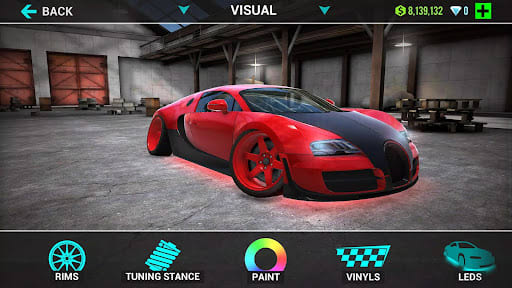 Ultimate Car Driving Simulator 10.2.6 – garage Visual tab with a red and black hypercar on a lowered stance, the header showing 8,139,132 cash and 0 diamonds, tabs for Rims, Tuning Stance, Paint, Vinyls and LEDs