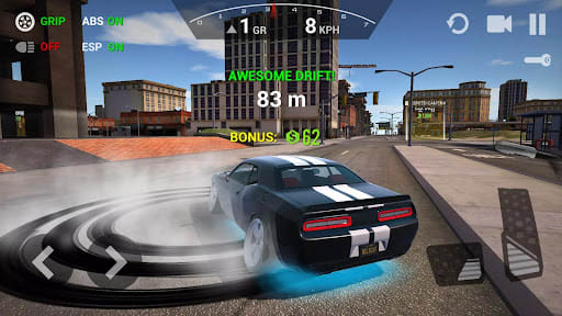 Ultimate Car Driving Simulator 10.2.6 – black muscle car with white stripes mid-donut inside circles of tyre smoke, "Awesome drift! 83 m" and a 62-dollar bonus on screen