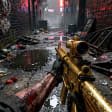 Ikon Zombie Hunter MOD APK – rifle berlapis emas dipegang di gang neon yang basah oleh hujan
