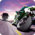Traffic Rider MOD APK icon – a rider on a green sport bike leaning past a truck on a highway at sunset