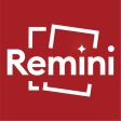 Ikon Remini MOD APK – tulisan Remini putih di dalam bingkai kurung putih dengan kilau kecil di latar merah
