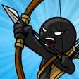 Stick War Legacy MOD APK icon – a black stick-figure Archidon drawing a bow with a spear-tipped arrow and shouting, on a blue sunburst