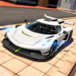 Ikon Extreme Car Driving Simulator MOD APK – hypercar putih beraksen hijau limau dengan sayap belakang dan lampu depan biru menyala di plaza berpaving