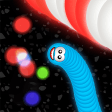 Worms Zone .io MOD APK icon – a blue segmented worm with big round eyes and a wide grin on a dark arena, glowing red, pink, green and blue food dots around it and a red-and-white striped worm above