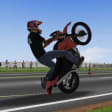 Moto Wheelie 3D MOD APK icon – rider in a red and white helmet and black T-shirt standing a red and black naked bike on its rear wheel on a barrier-lined road