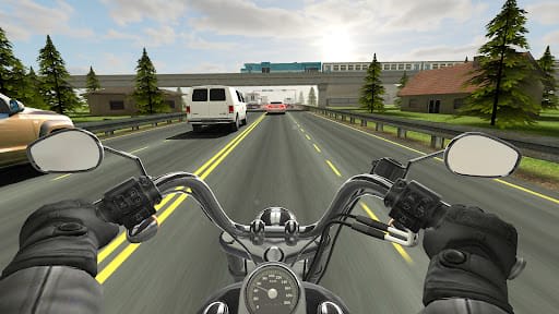 Traffic Rider 2.11 – first-person view over a cruiser's chrome handlebars on a sunny countryside highway with a white van ahead
