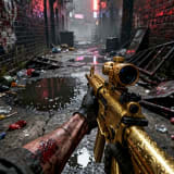 Zombie Hunter MOD APK icon – a gold-plated rifle held in a rain-soaked neon alley
