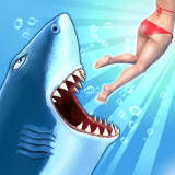 Ícone do Hungry Shark Evolution MOD APK – um grande tubarão branco de mandíbula aberta subindo em direção a uma nadadora de biquíni vermelho, bolhas na água azul