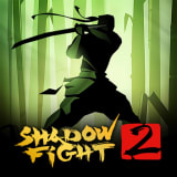 Shadow Fight 2 MOD APK icon – black silhouette of a fighter raising a sword overhead in a green bamboo forest above the Shadow Fight 2 logo