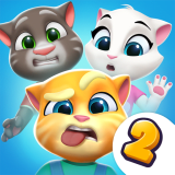 Ikon My Talking Tom Friends 2 MOD APK – kucing abu-abu Tom tersenyum dan kucing putih Angela melambai di belakang anak kucing oranye Ginger bercelana kodok biru dengan mulut terbuka kaget, lencana angka 2 kuning di sudut pada latar biru langit
