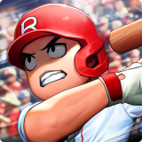 BASEBALL 9 MOD APK icon – close-up of a cartoon batter in a red R helmet gritting his teeth mid-swing with a wooden bat over his shoulder