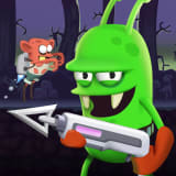 Ikon Zombie Catchers MOD APK – A.J., alien hijau yang menyeringai, membidik dengan harpun putih sementara zombi berjetpack terbang di belakangnya menembus hutan gelap