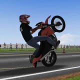 Ikon Moto Wheelie 3D MOD APK – rider berhelm merah putih dan kaus hitam mengangkat motor naked merah hitam di roda belakang di jalan berpagar pembatas