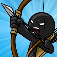 Ícone do Stick War Legacy MOD APK – um Archidon de palito preto puxando o arco com uma flecha de ponta de lança e gritando, sobre um fundo de raios azuis