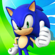 Ikon Sonic Dash MOD APK – Sonic the Hedgehog mengacungkan jempol sambil menyeringai, di depan langit biru cerah dan bukit hijau
