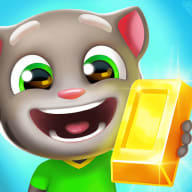 Ikon Talking Tom Gold Run MOD APK – Talking Tom berkaus hijau menyeringai sambil mengangkat batang emas mengilap dengan latar biru