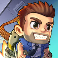 Jetpack Joyride MOD APK icon – Barry Steakfries grinning with a spiky brown pompadour and stubble, blue jacket and black tie, the bullet-belt Machine Gun Jetpack on his back against a light-blue lab wall